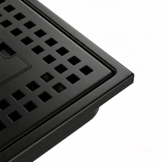 Close up of Veloaura 6-inch 304 stainless steel matte black square shower drain cover featuring a precision-cut grid pattern on a white background.
