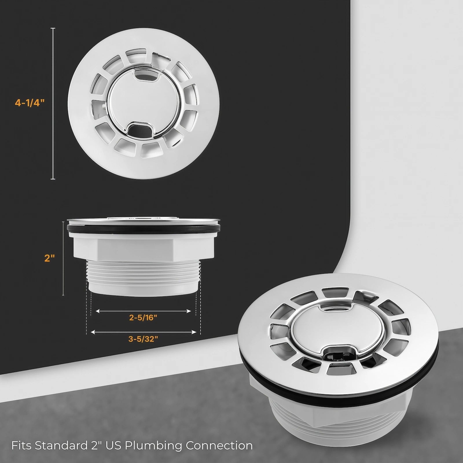 Dimensional drawing of Veloaura 2 inch round no caulk shower pan drain showing 4-1/4 inch cover diameter and 2-inch US standard plumbing connection.