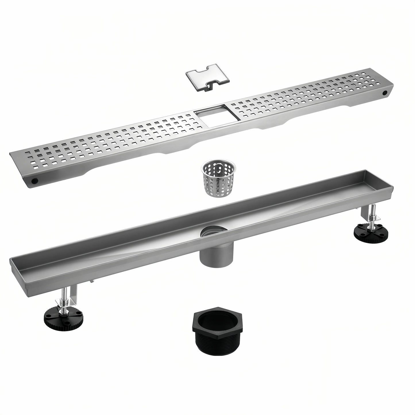 Exploded view of Veloaura 24-inch linear shower drain featuring a removable lift-out hair catcher, 304 stainless steel grate, X-shaped channel, threaded adapter, and adjustable leveling feet.