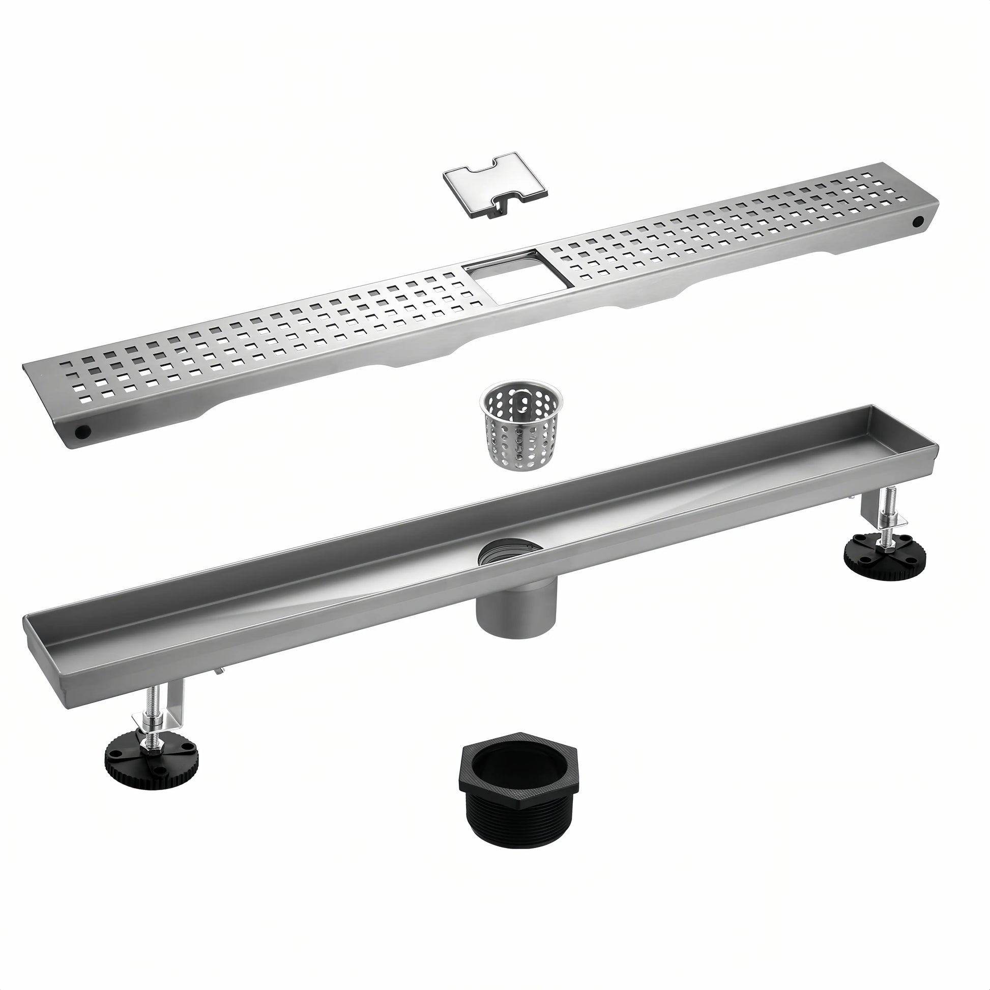 Exploded view of Veloaura 24-inch linear shower drain featuring a removable lift-out hair catcher, 304 stainless steel grate, X-shaped channel, threaded adapter, and adjustable leveling feet.