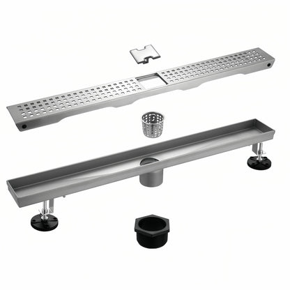 Exploded view of Veloaura 24-inch linear shower drain featuring a removable lift-out hair catcher, 304 stainless steel grate, X-shaped channel, threaded adapter, and adjustable leveling feet.