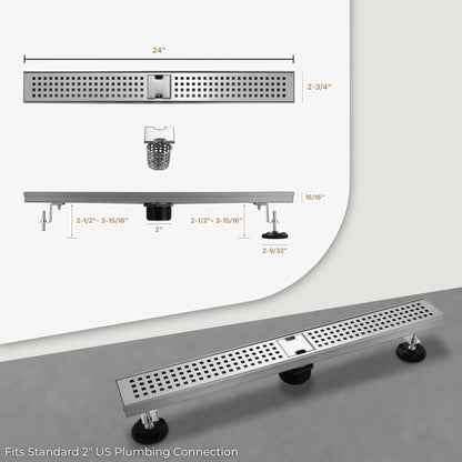 Dimensional drawing of Veloaura 24-inch stainless steel linear shower drain, showing 24" grate length and 2-inch central outlet for US plumbing standards.