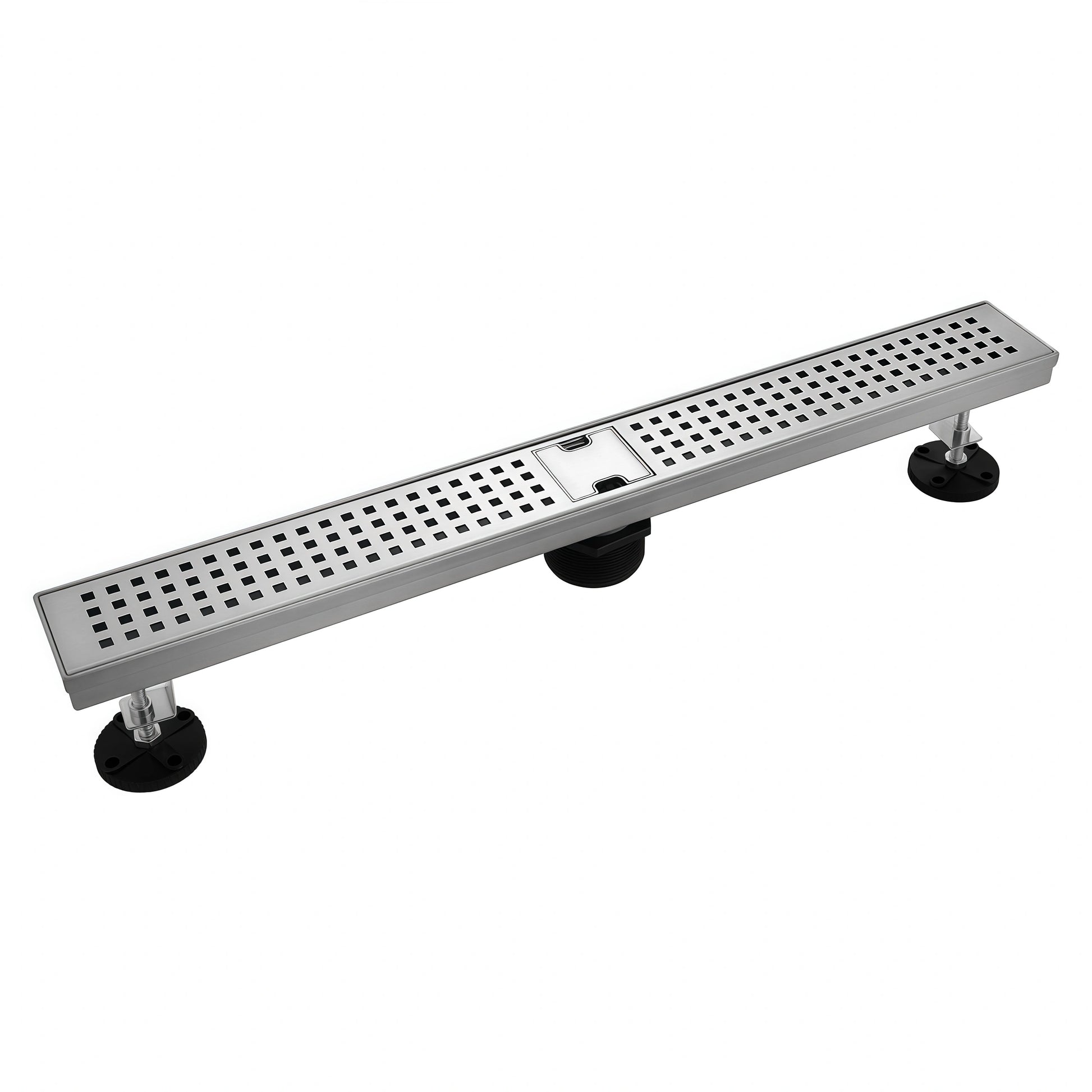 Veloaura 24 inch linear shower drain made of 304 stainless steel with a professional brushed finish and adjustable leveling feet on a white background.