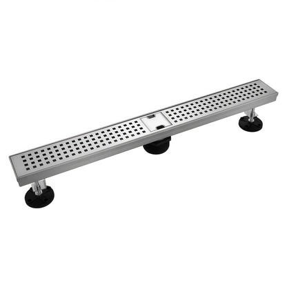 Veloaura 24 inch linear shower drain made of 304 stainless steel with a professional brushed finish and adjustable leveling feet on a white background.