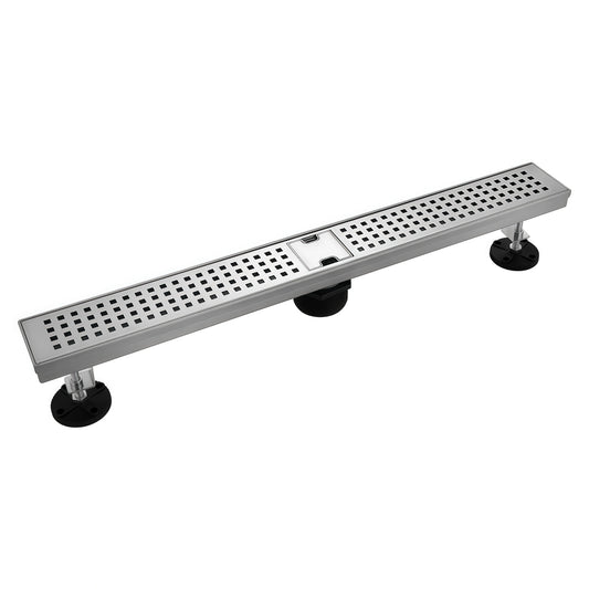 Veloaura 24 inch linear shower drain made of 304 stainless steel with a professional brushed finish and adjustable leveling feet on a white background.