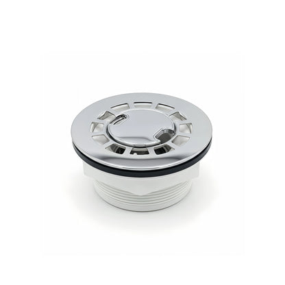 Veloaura 2 inch round no caulk shower pan drain with 304 stainless steel cover and ABS body for US standard shower bases on a white background.