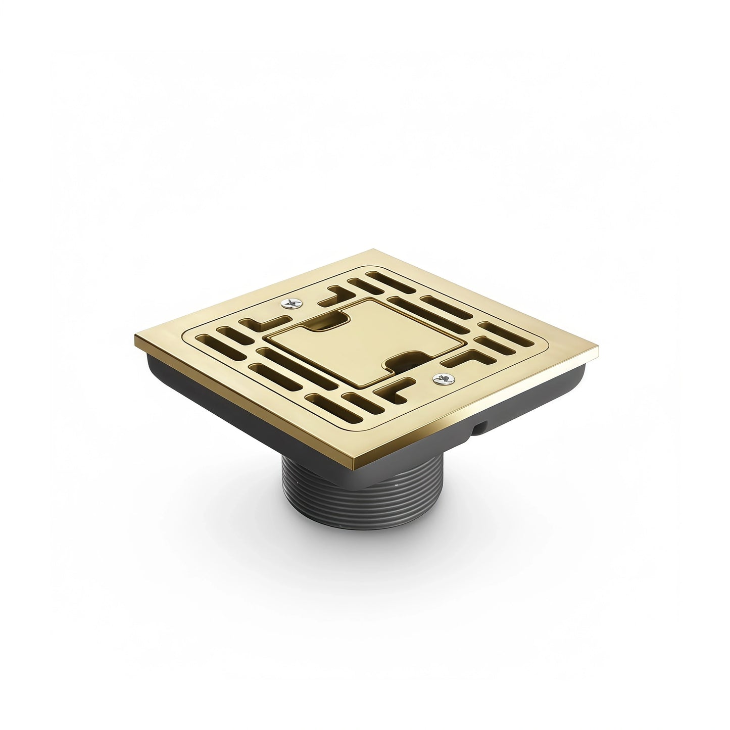 Veloaura 4-inch square champagne bronze shower drain made of solid brass with a luxurious warm gold finish on a white background.