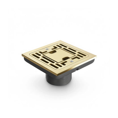 Veloaura 4-inch square champagne bronze shower drain made of solid brass with a luxurious warm gold finish on a white background.
