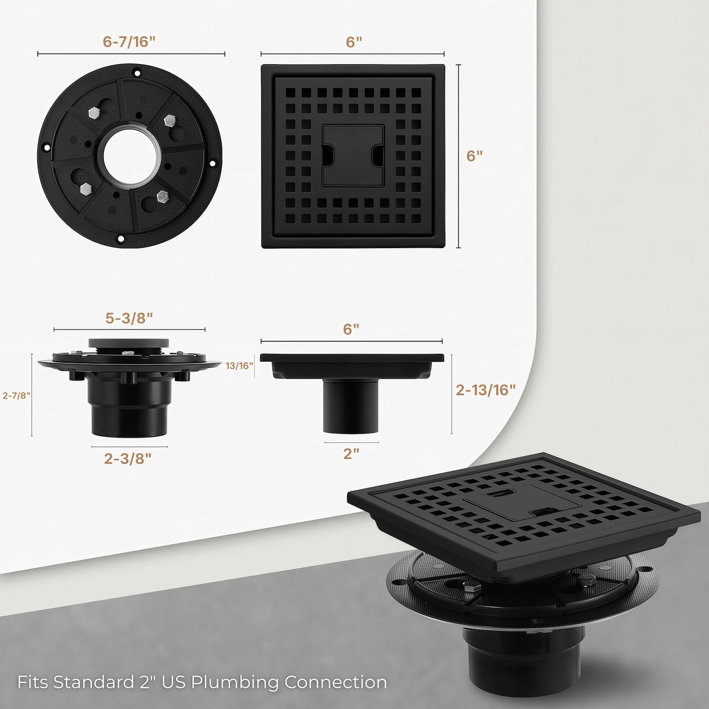 Dimensional drawing of Veloaura 6-inch square shower drain kit showing 2-inch outlet and 6x6 inch grate measurements.