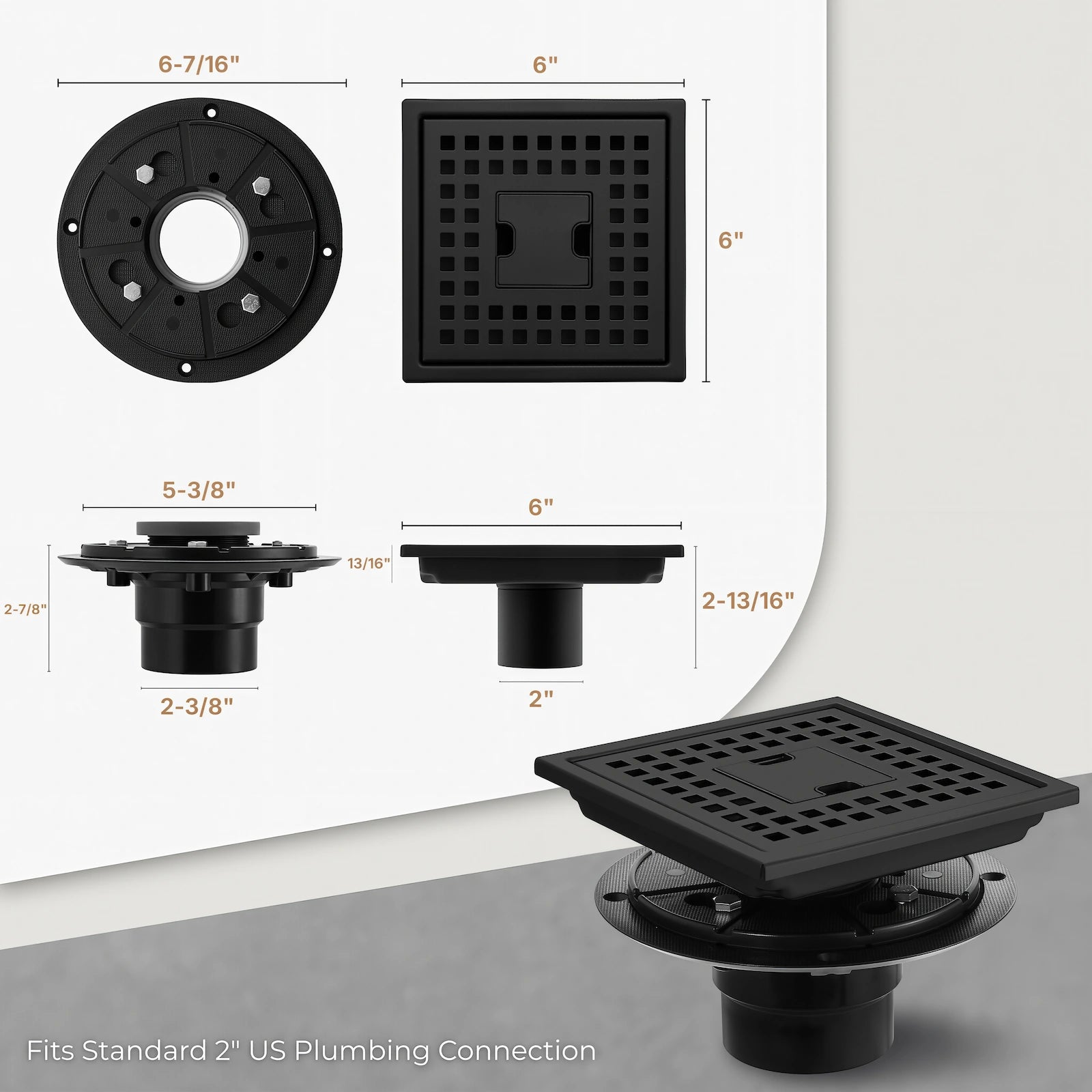 Dimensional drawing of Veloaura 6-inch square shower drain kit showing 2-inch outlet and 6x6 inch grate measurements.