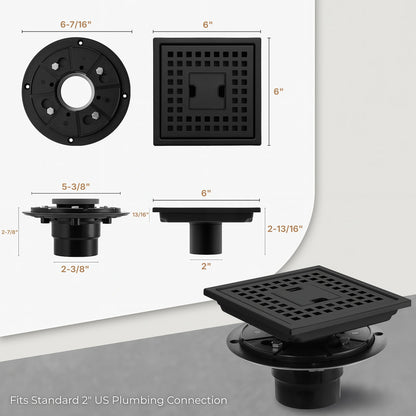Dimensional drawing of Veloaura 6-inch square shower drain kit showing 2-inch outlet and 6x6 inch grate measurements.