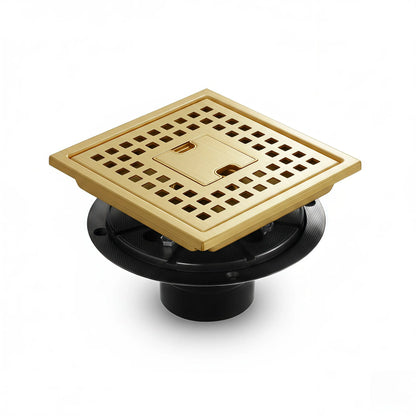Veloaura 6-inch 304 stainless steel brushed gold square shower drain kit with grid cover and ABS flange on a white background.