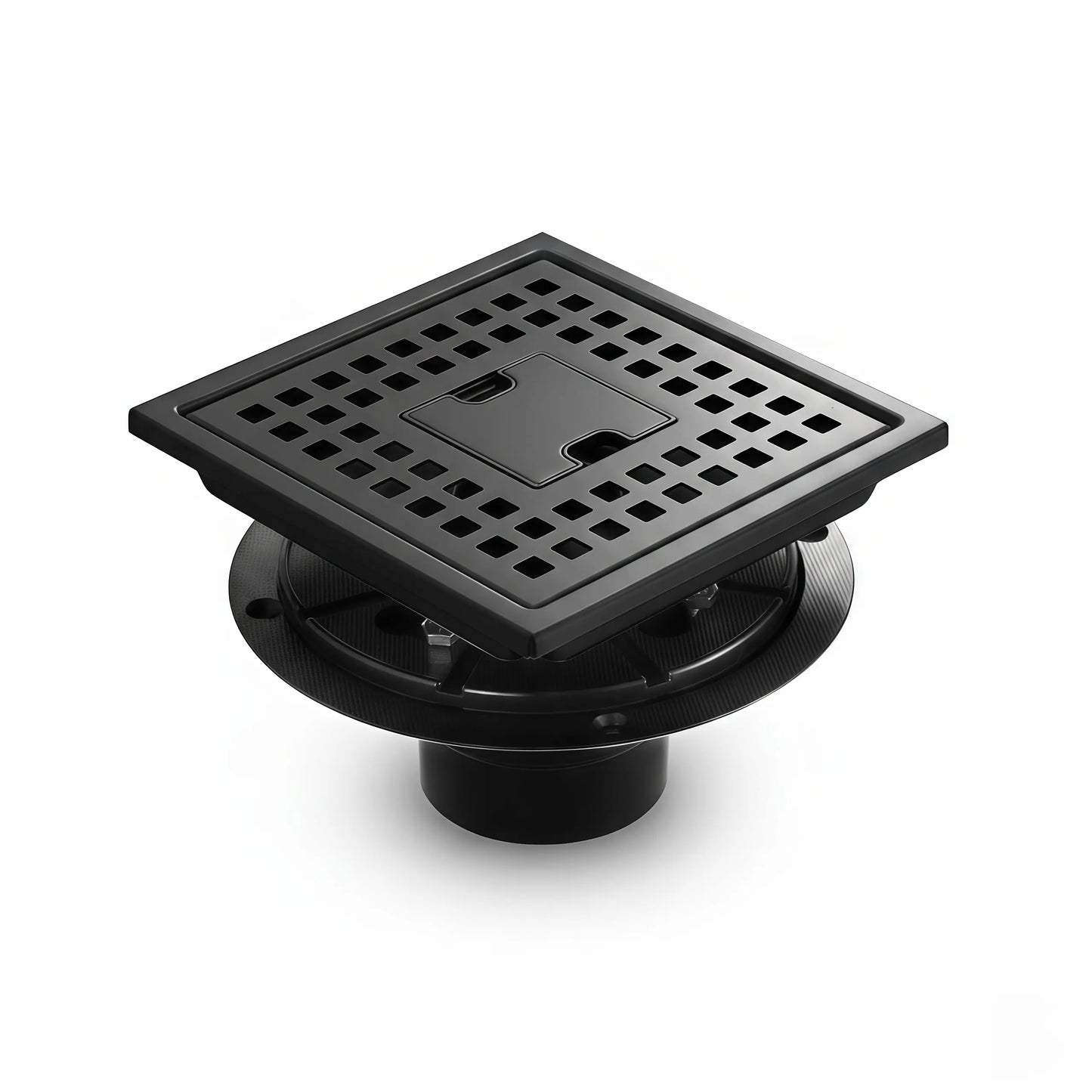 Veloaura 6-inch 304 stainless steel matte black square shower drain kit with grid cover and ABS flange on a white background.