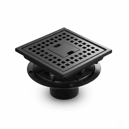 Veloaura 6-inch 304 stainless steel matte black square shower drain kit with grid cover and ABS flange on a white background.
