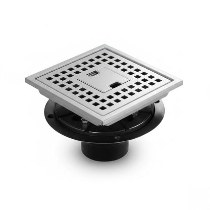 Veloaura 6-inch 304 stainless steel square shower drain kit with grid cover and ABS flange on a white background.