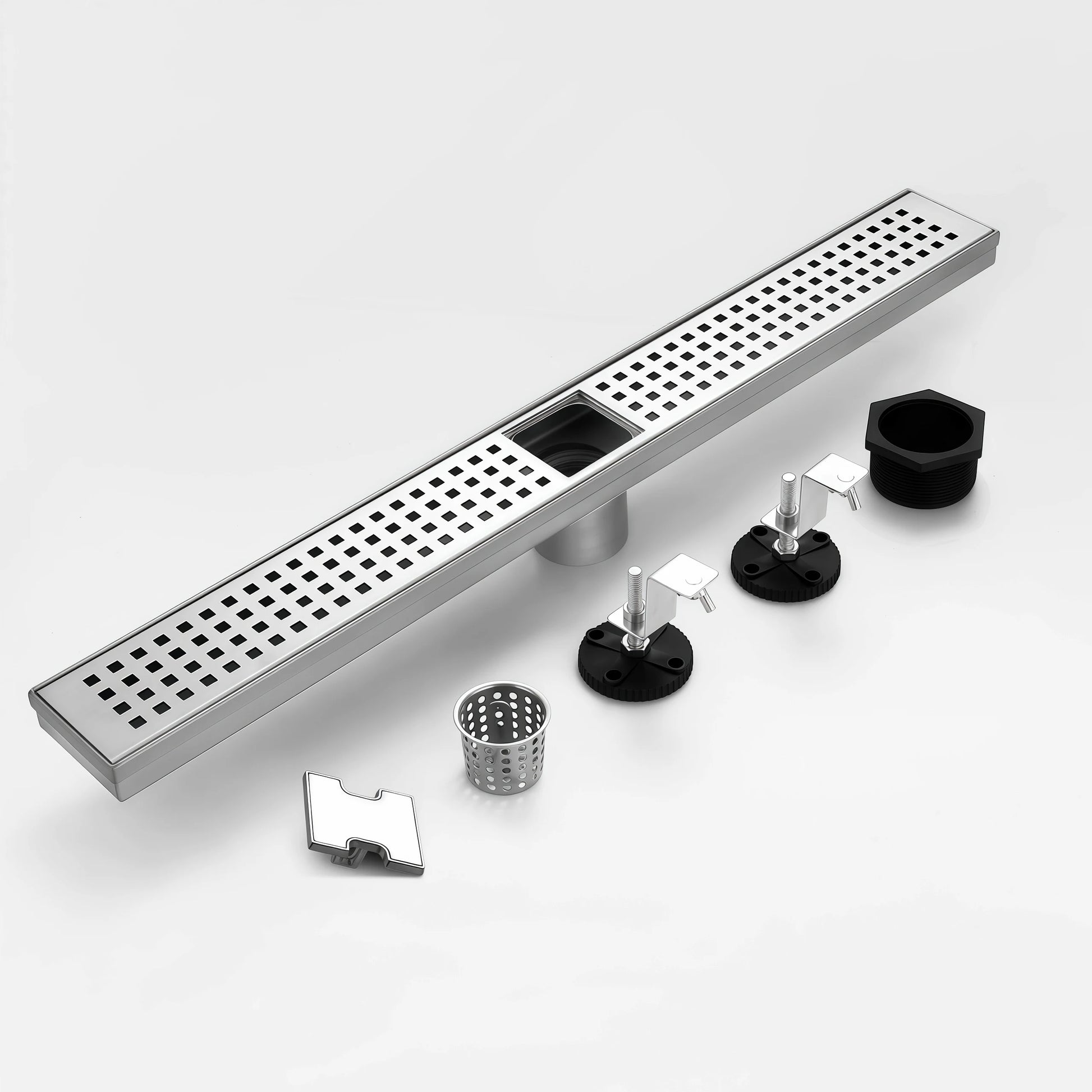 Veloaura 24-inch stainless steel linear shower drain components including the grid grate, removable lift-out hair catcher, threaded adapter, and adjustable leveling feet.