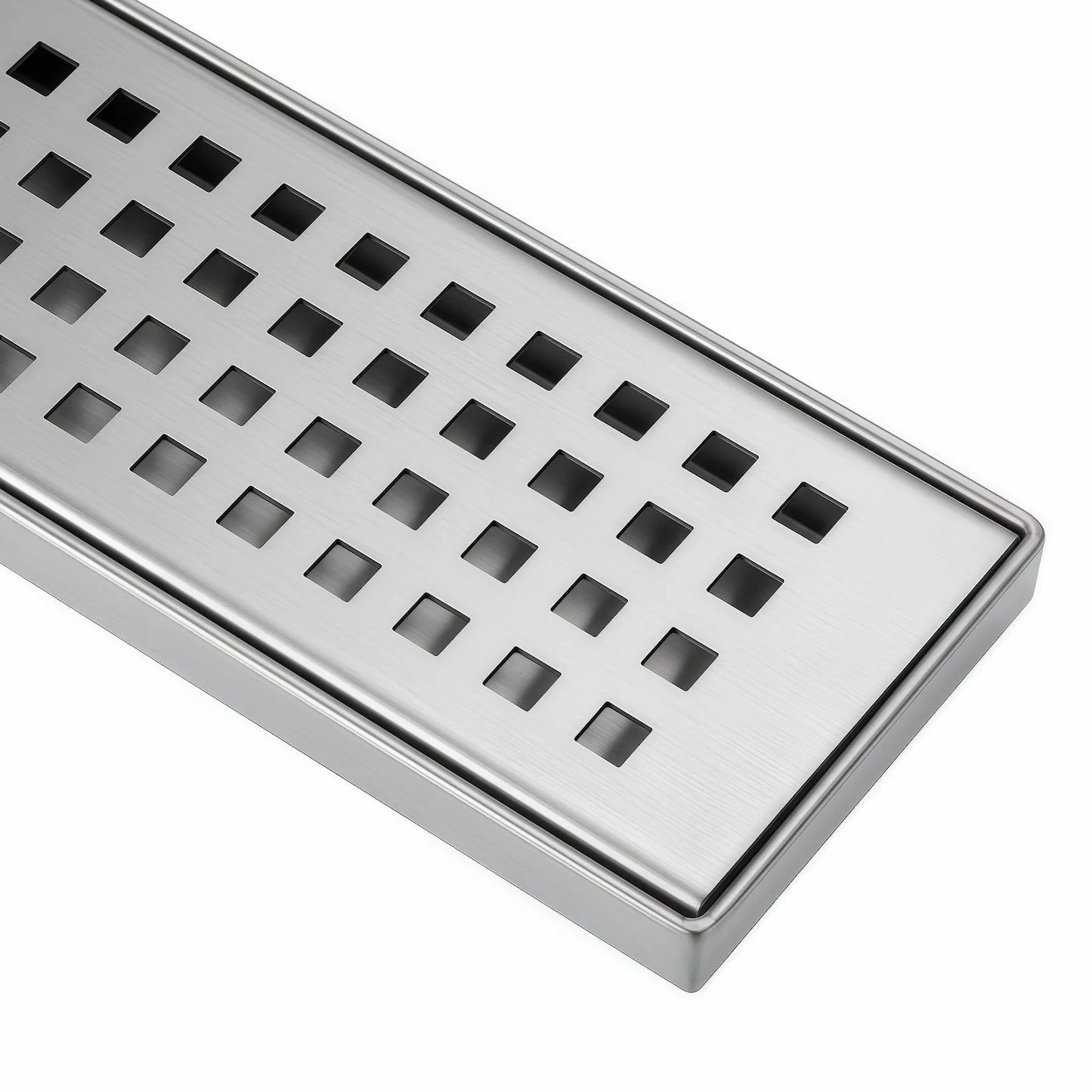 Close up of Veloaura 24-inch brushed 304 stainless steel linear shower drain cover featuring a precision-cut grid pattern on a white background.
