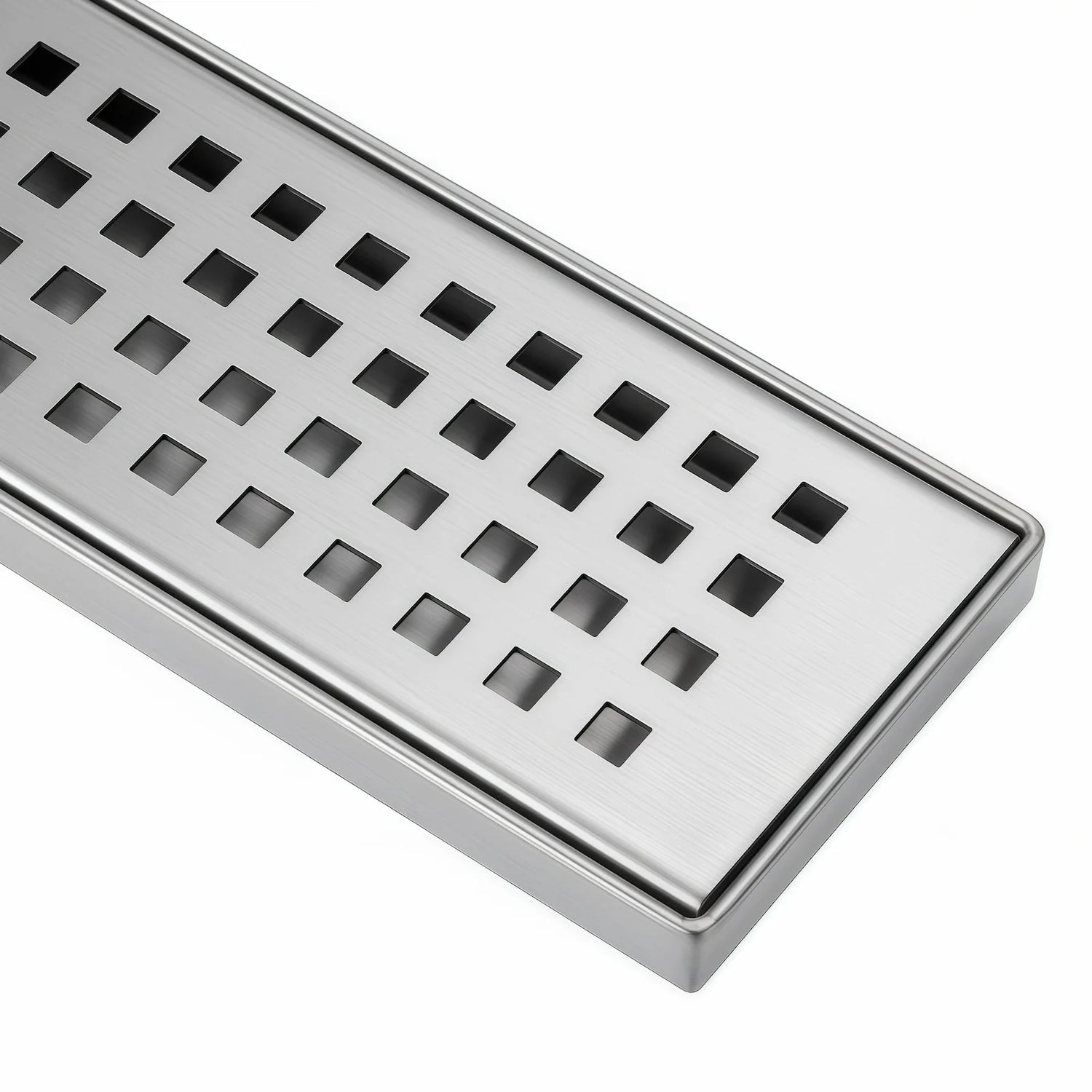 Close up of Veloaura 24-inch brushed 304 stainless steel linear shower drain cover featuring a precision-cut grid pattern on a white background.
