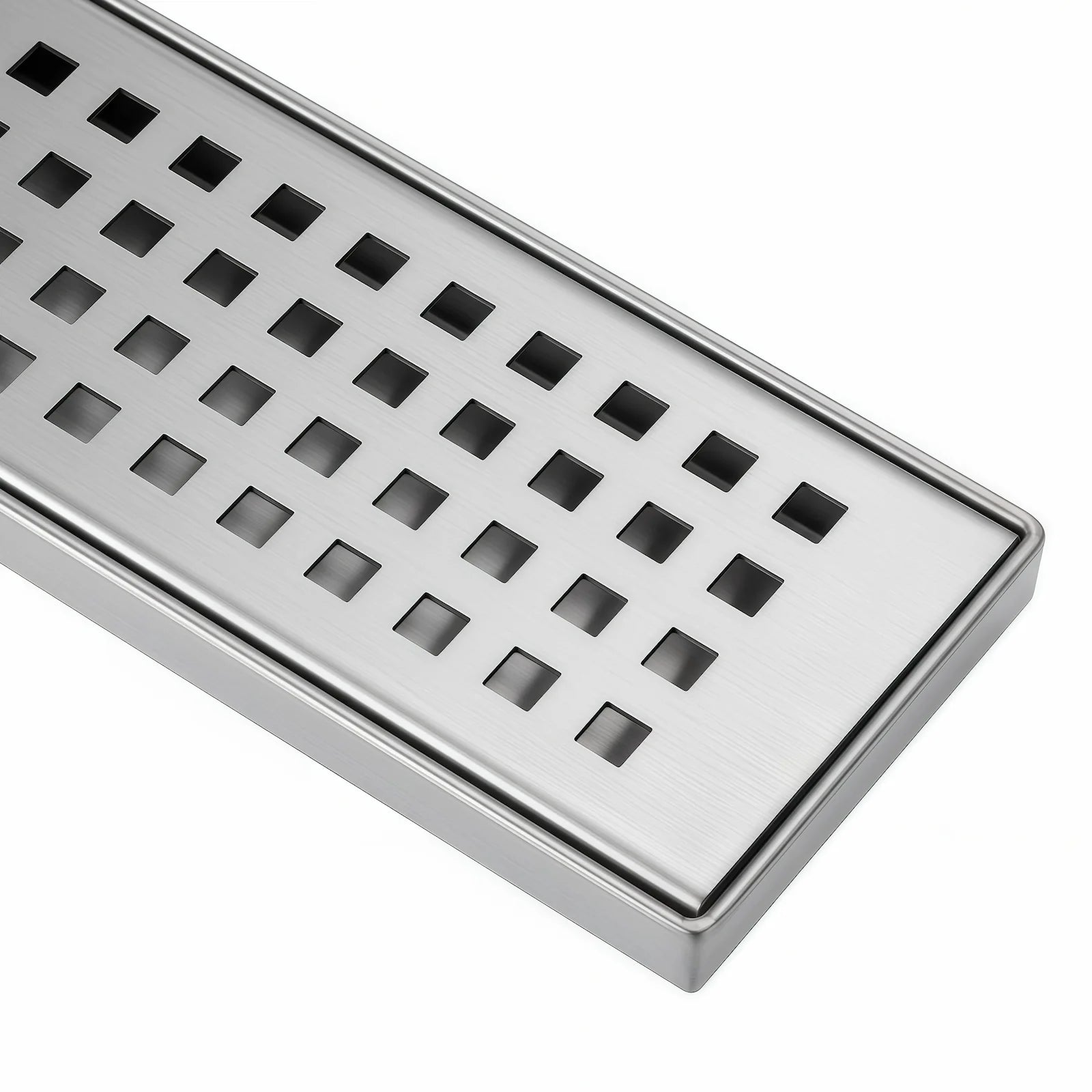 Close up of Veloaura 24-inch brushed 304 stainless steel linear shower drain cover featuring a precision-cut grid pattern on a white background.