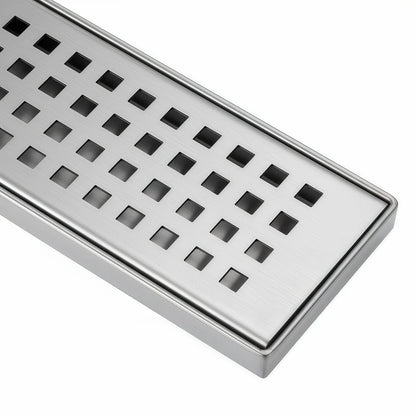 Close up of Veloaura 24-inch brushed 304 stainless steel linear shower drain cover featuring a precision-cut grid pattern on a white background.