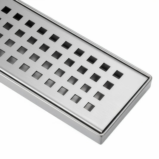 Close up of Veloaura 24-inch brushed 304 stainless steel linear shower drain cover featuring a precision-cut grid pattern on a white background.