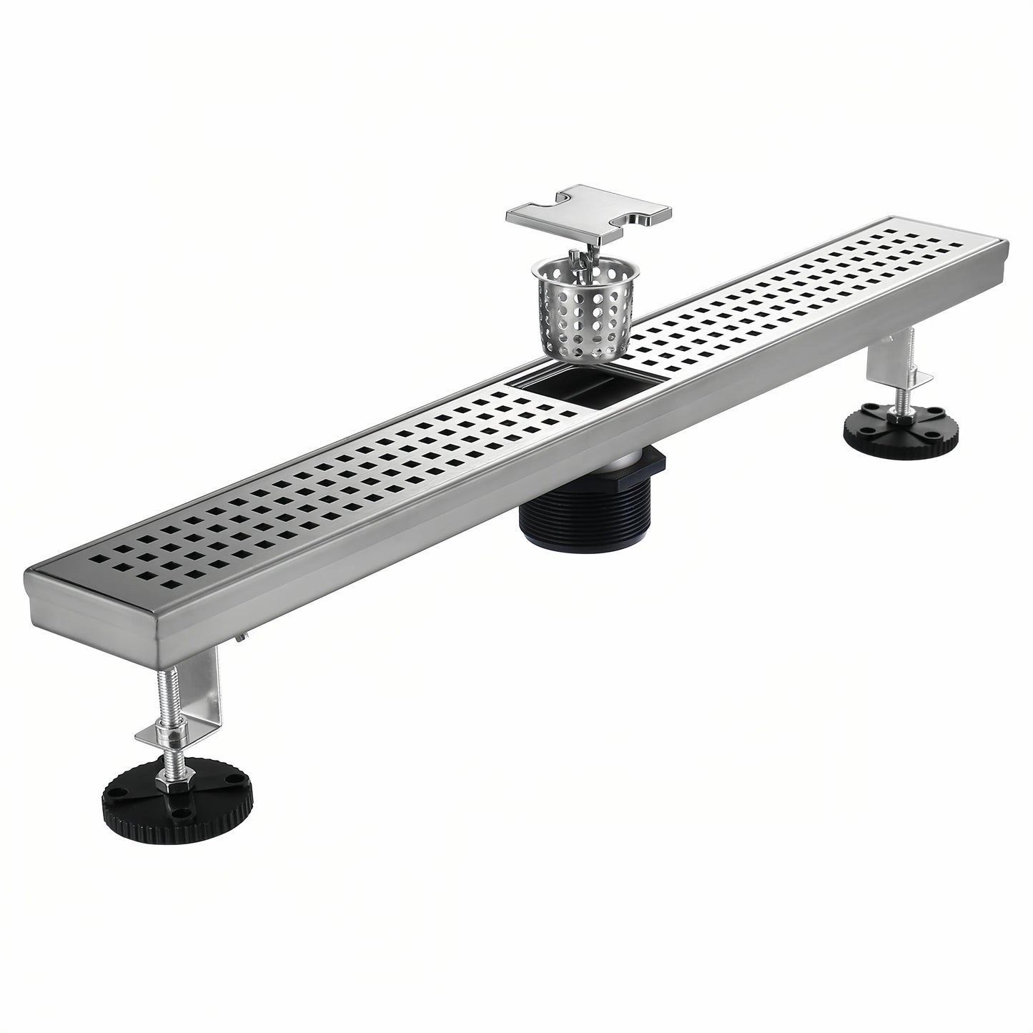 Veloaura 24-inch 304 stainless steel linear shower drain with a removable lift-out hair catcher for easy cleaning and clog prevention.