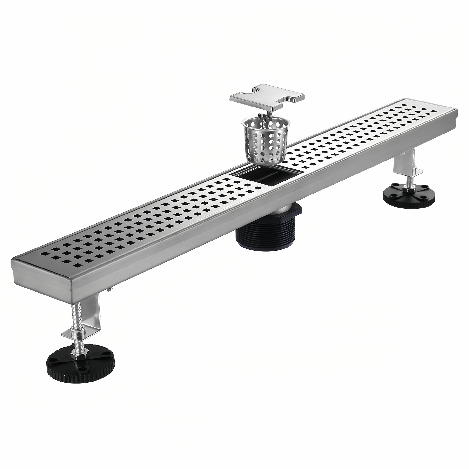 Veloaura 24-inch 304 stainless steel linear shower drain with a removable lift-out hair catcher for easy cleaning and clog prevention.