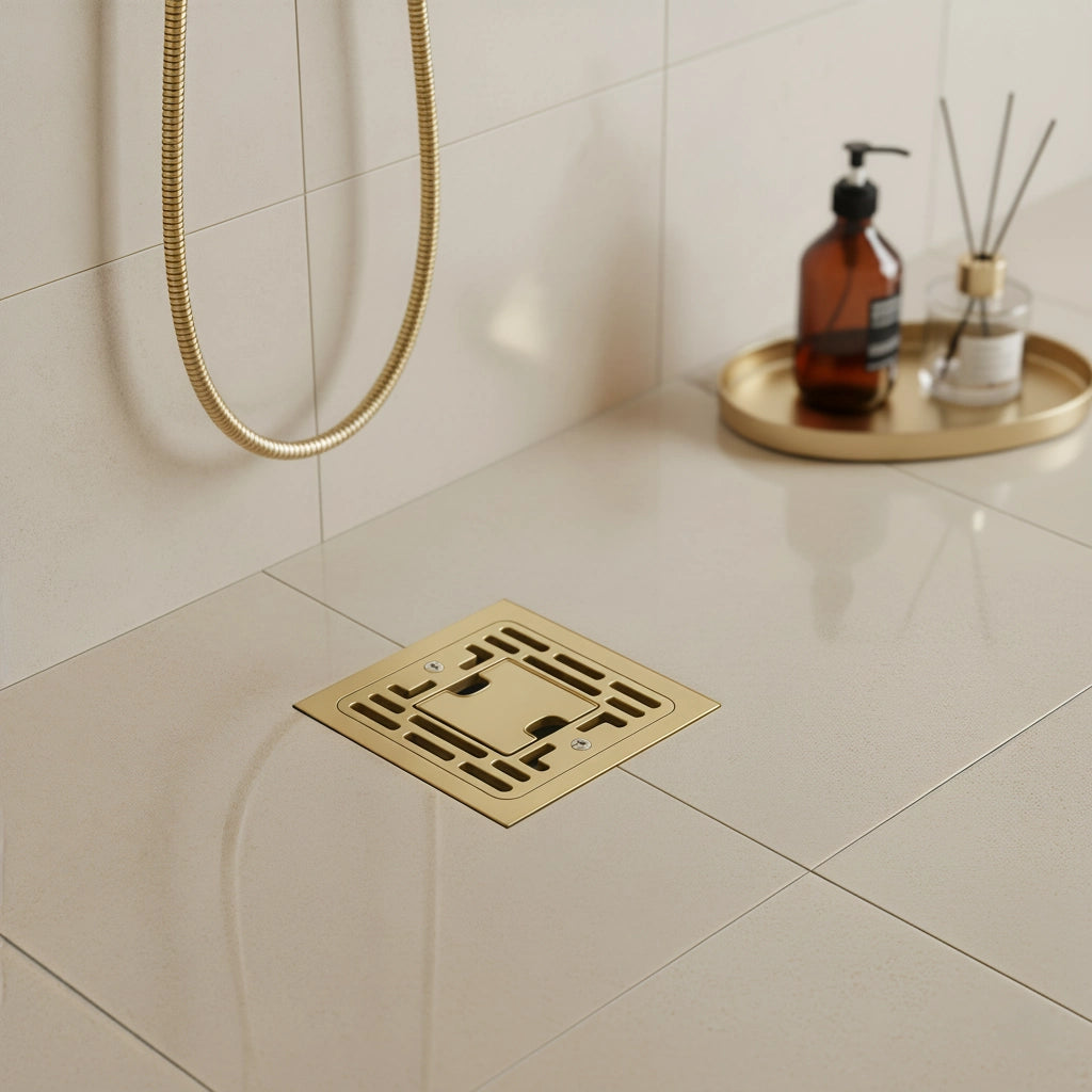 Veloaura 4-inch square champagne bronze brass shower drain installed in a modern bathroom with beige tiles and gold fixtures.