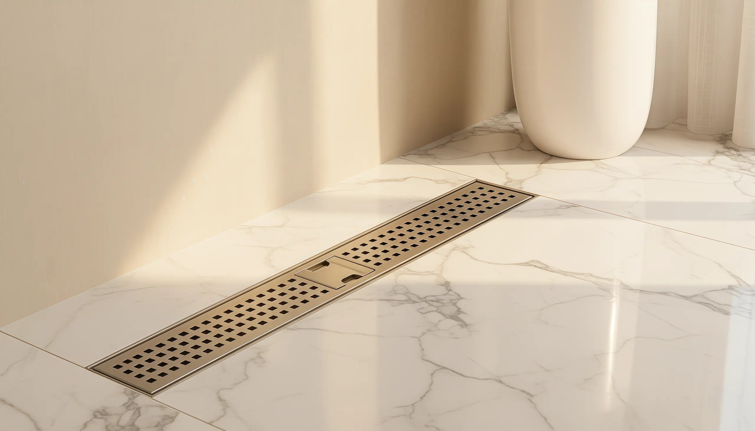 Veloaura 24-inch brushed stainless steel linear shower drain installed in a minimalist luxury bathroom with white marble tiles.