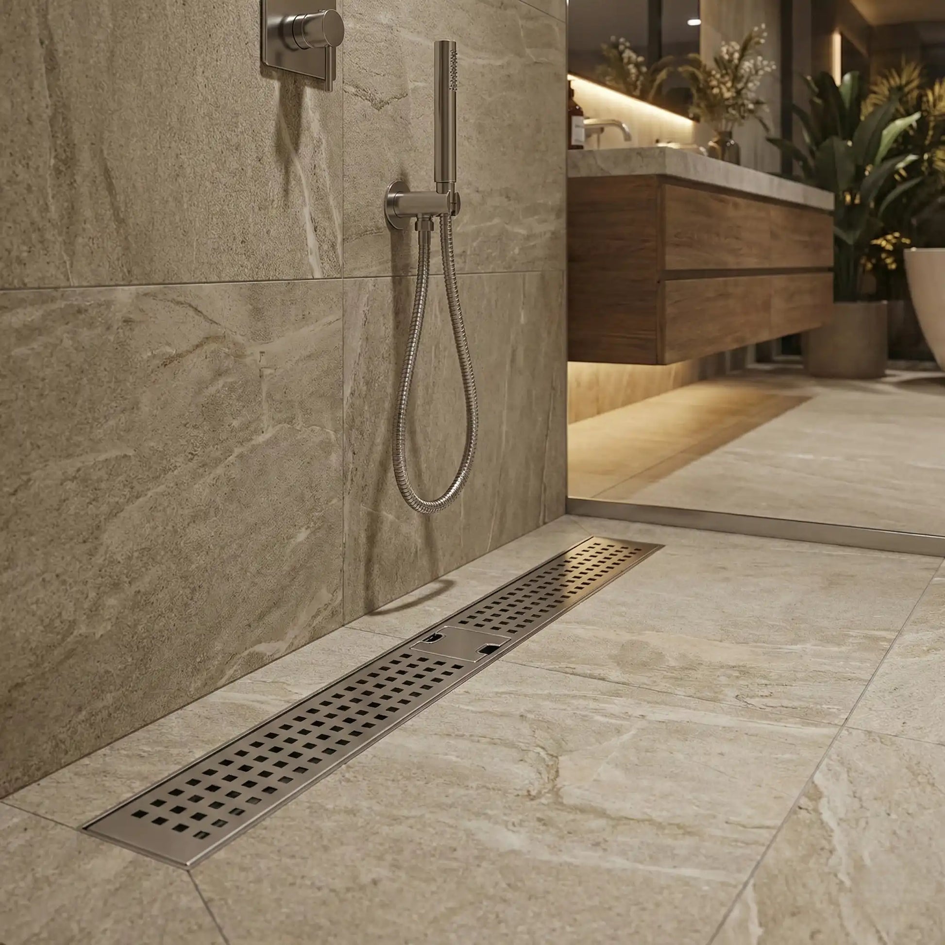 Veloaura 24-inch stainless steel linear shower drain with removable lift-out hair catcher installed in a modern spa-like bathroom with grey stone tiles.