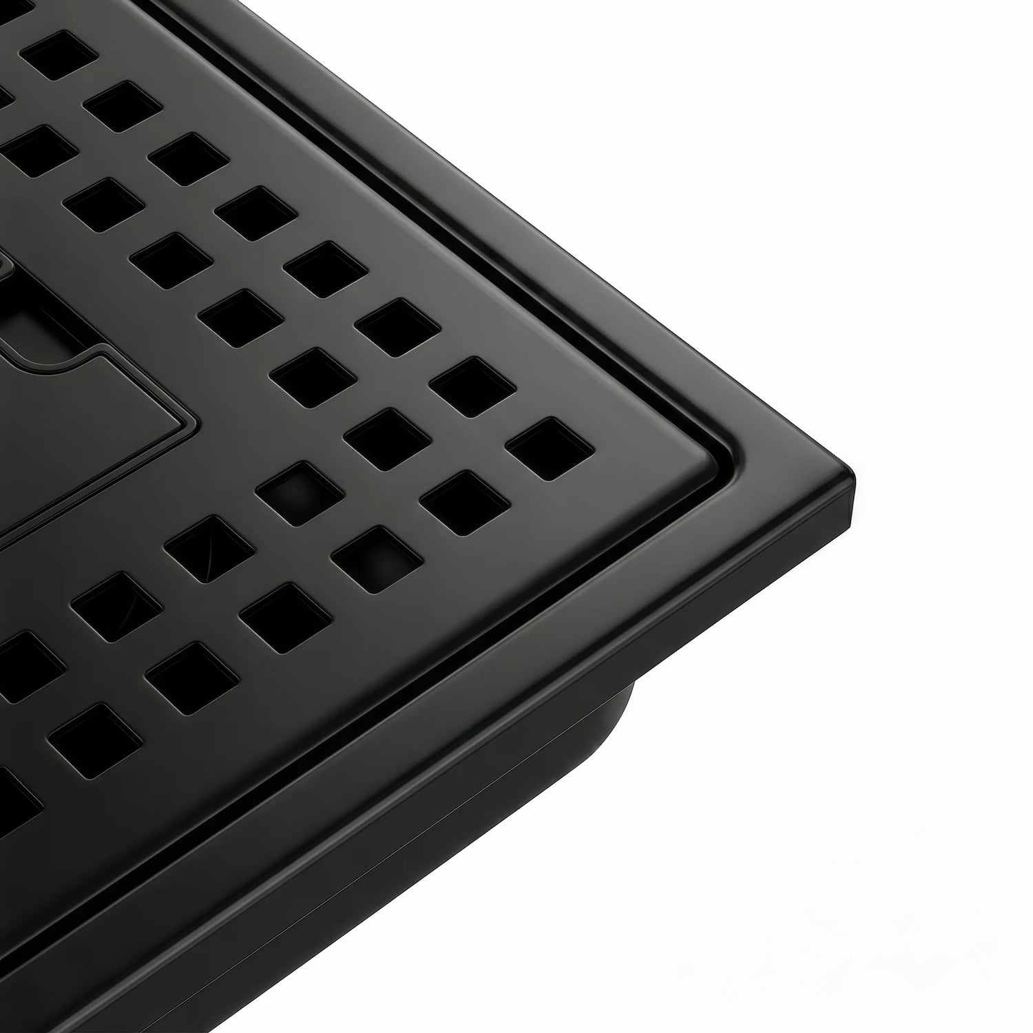 Close up of Veloaura 6-inch 304 stainless steel matte black square shower drain cover featuring a precision-cut grid pattern on a white background.