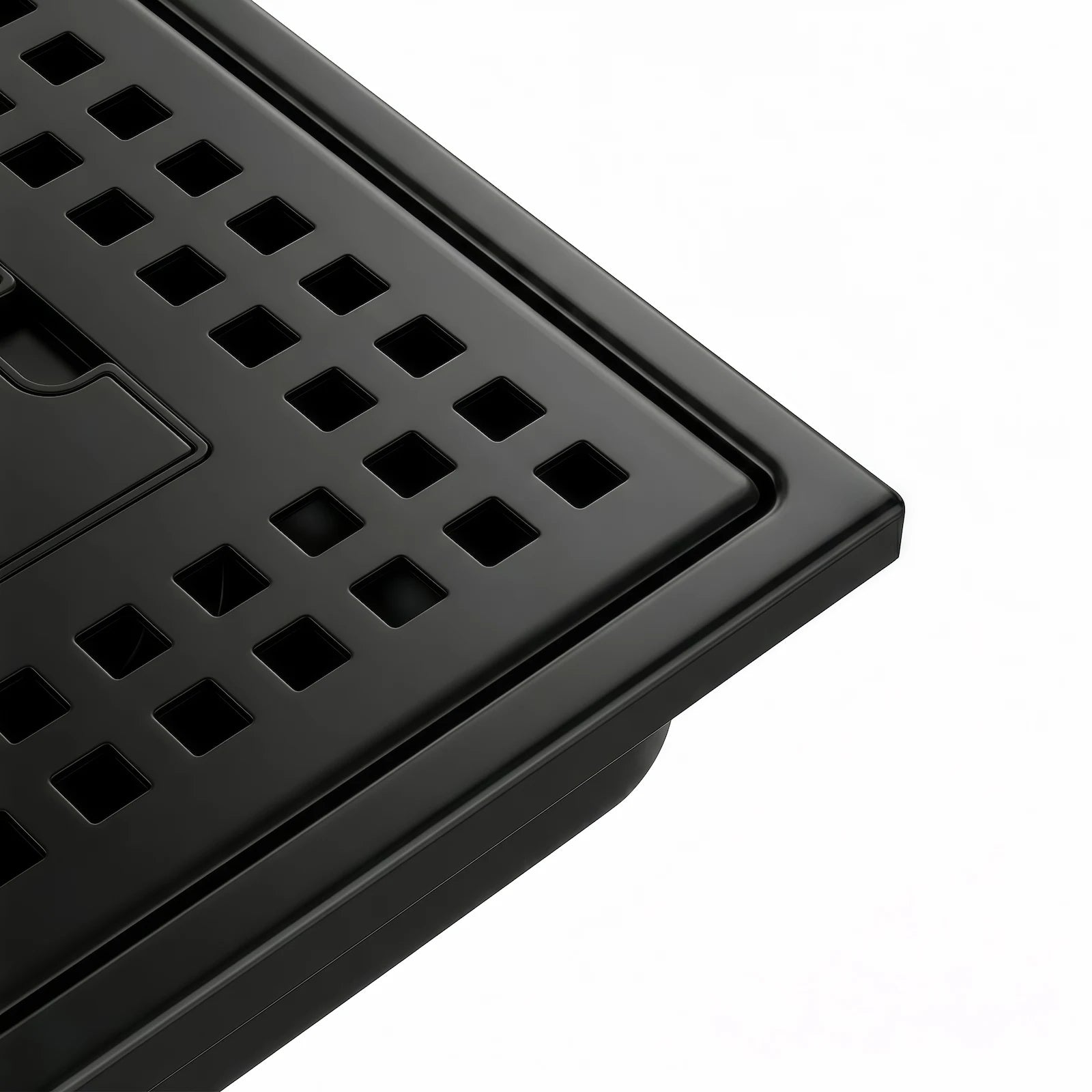 Close up of Veloaura 6-inch 304 stainless steel matte black square shower drain cover featuring a precision-cut grid pattern on a white background.