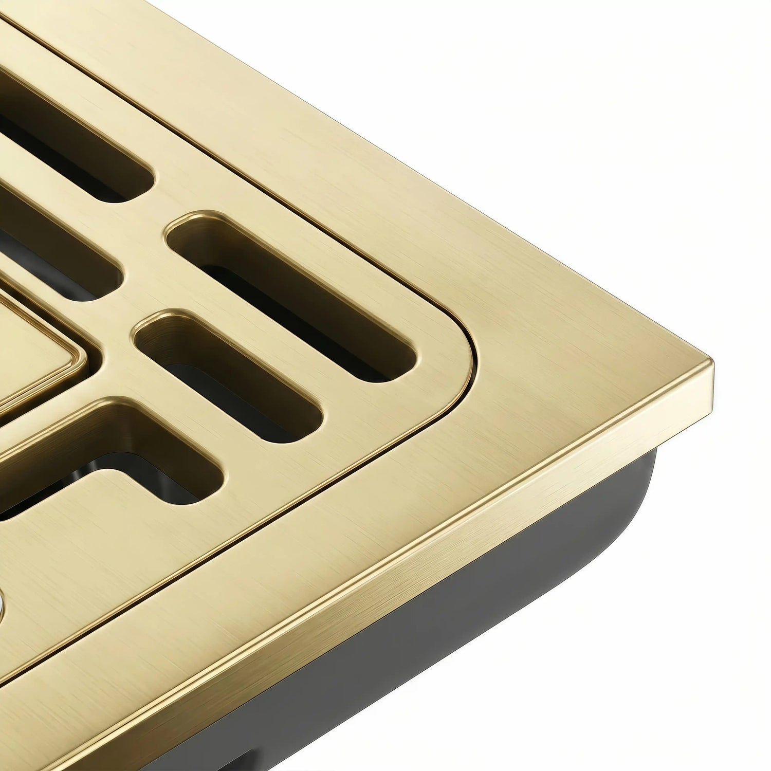 Close-up of Veloaura 4-inch champagne bronze shower drain featuring a premium brushed gold finish and solid brass construction.