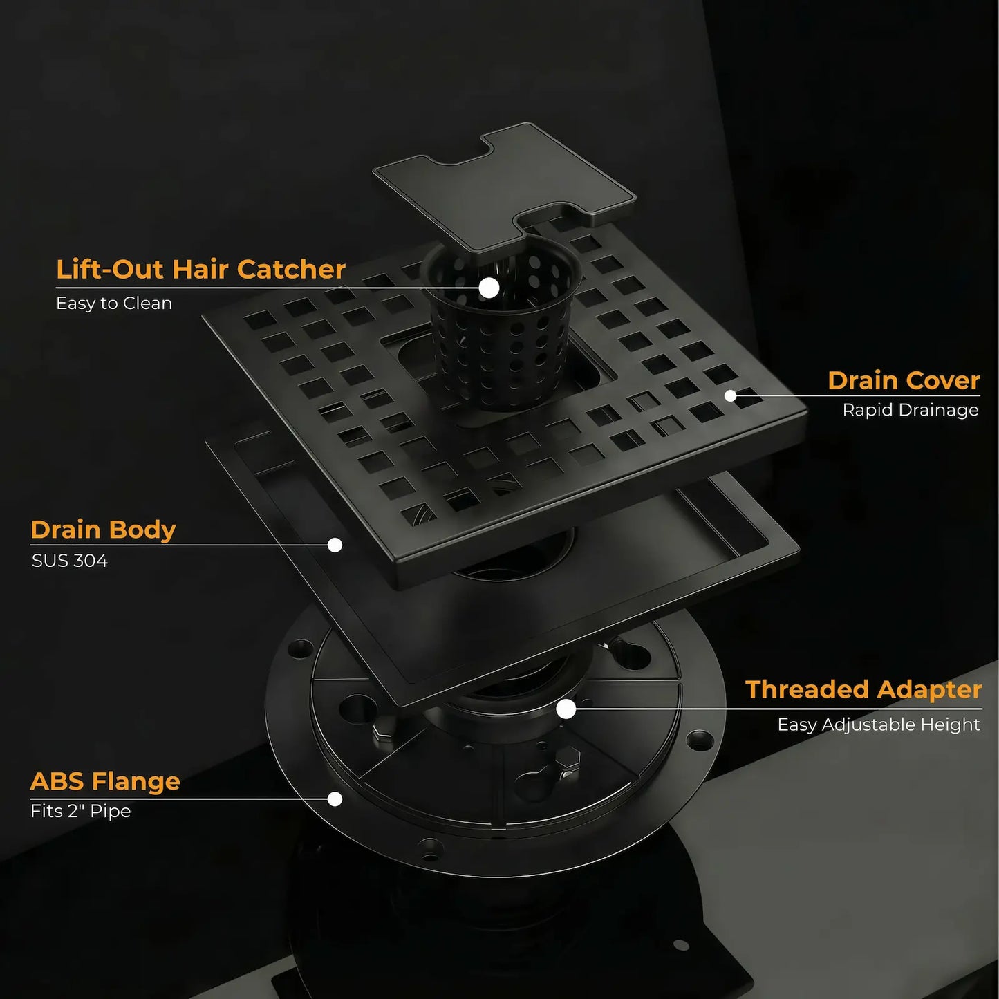 Exploded view of Veloaura 6-inch matte black shower drain kit showing SUS 304 body, grid cover, removable lift-out hair catcher, threaded adapter, and ABS flange.