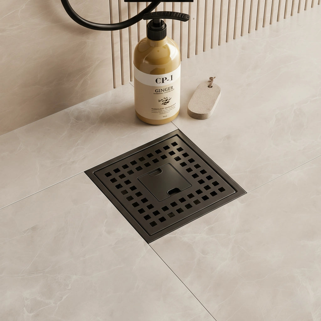 Veloaura 6 inch 304 stainless steel matte black square shower drain installed on a modern bathroom floor with marble tiles.