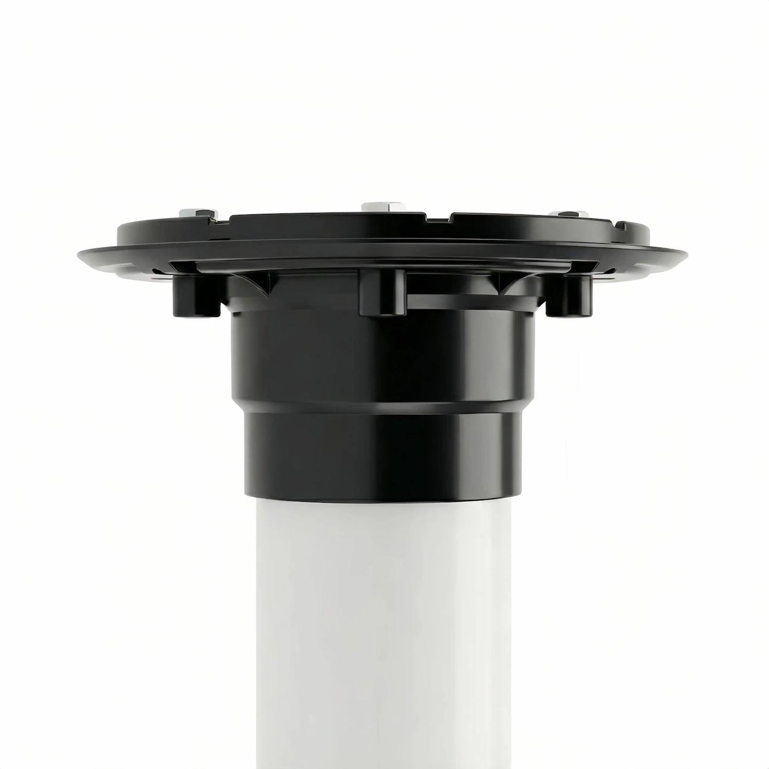 Side view of a Veloaura black ABS shower drain base designed to fit standard US 2-inch PVC or ABS plumbing pipes.