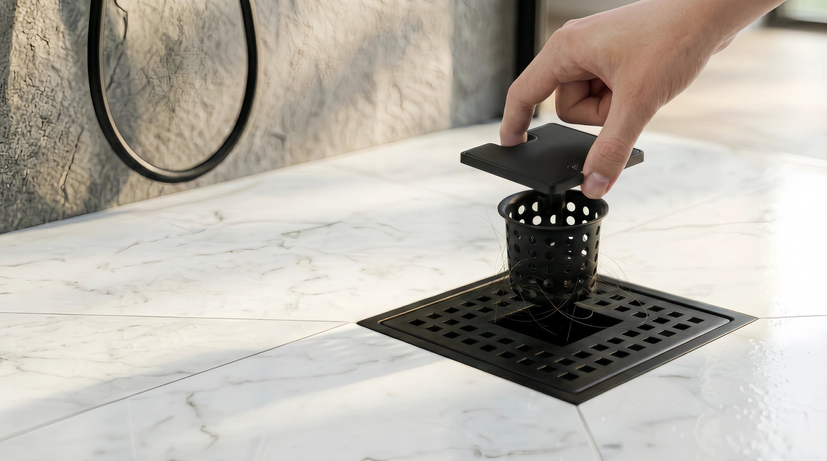 Veloaura lift-out shower drain hair catcher being removed by hand