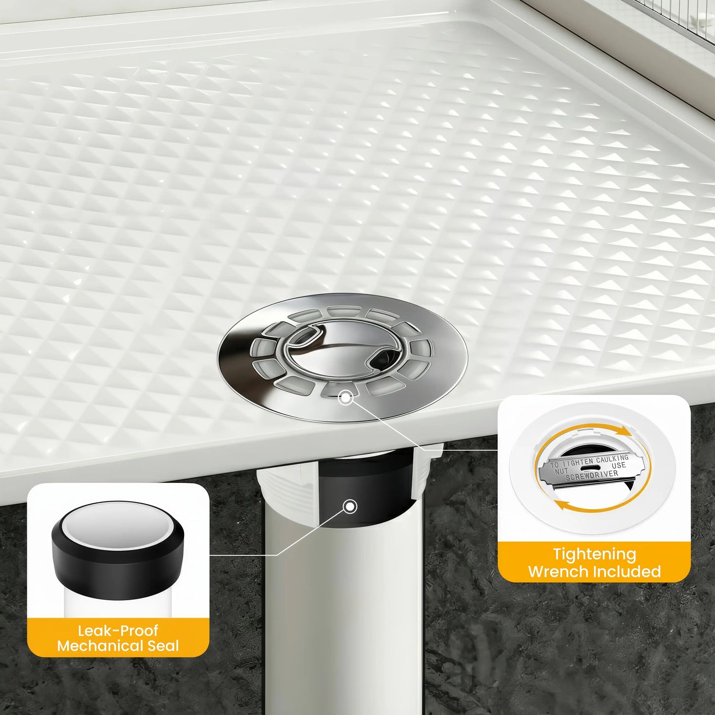 Cross-section of Veloaura 2 inch round no caulk shower pan drain showing the leak-proof mechanical seal and included tightening wrench for easy installation.