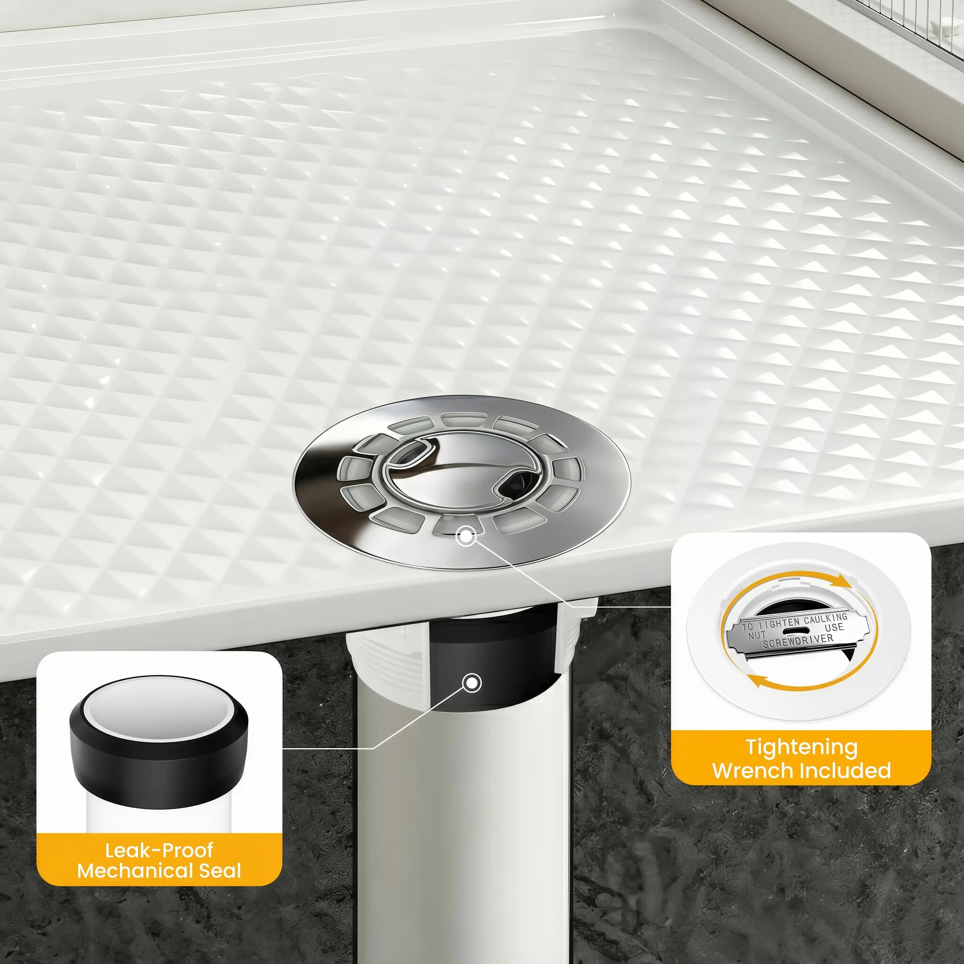 Cross-section of Veloaura 2 inch round no caulk shower pan drain showing the leak-proof mechanical seal and included tightening wrench for easy installation.