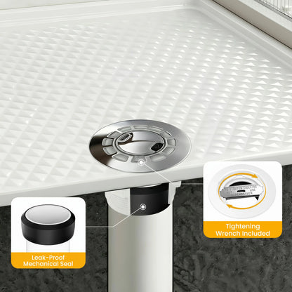 Cross-section of Veloaura 2 inch round no caulk shower pan drain showing the leak-proof mechanical seal and included tightening wrench for easy installation.