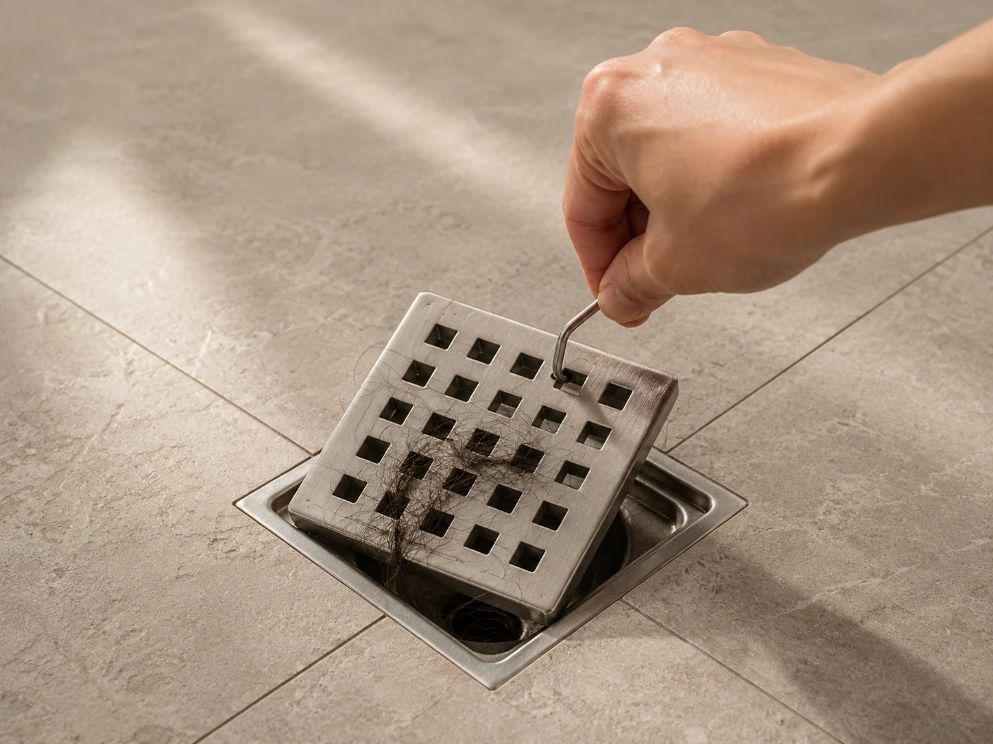 Conventional square shower drain cover being pried open with a hook during cleaning
