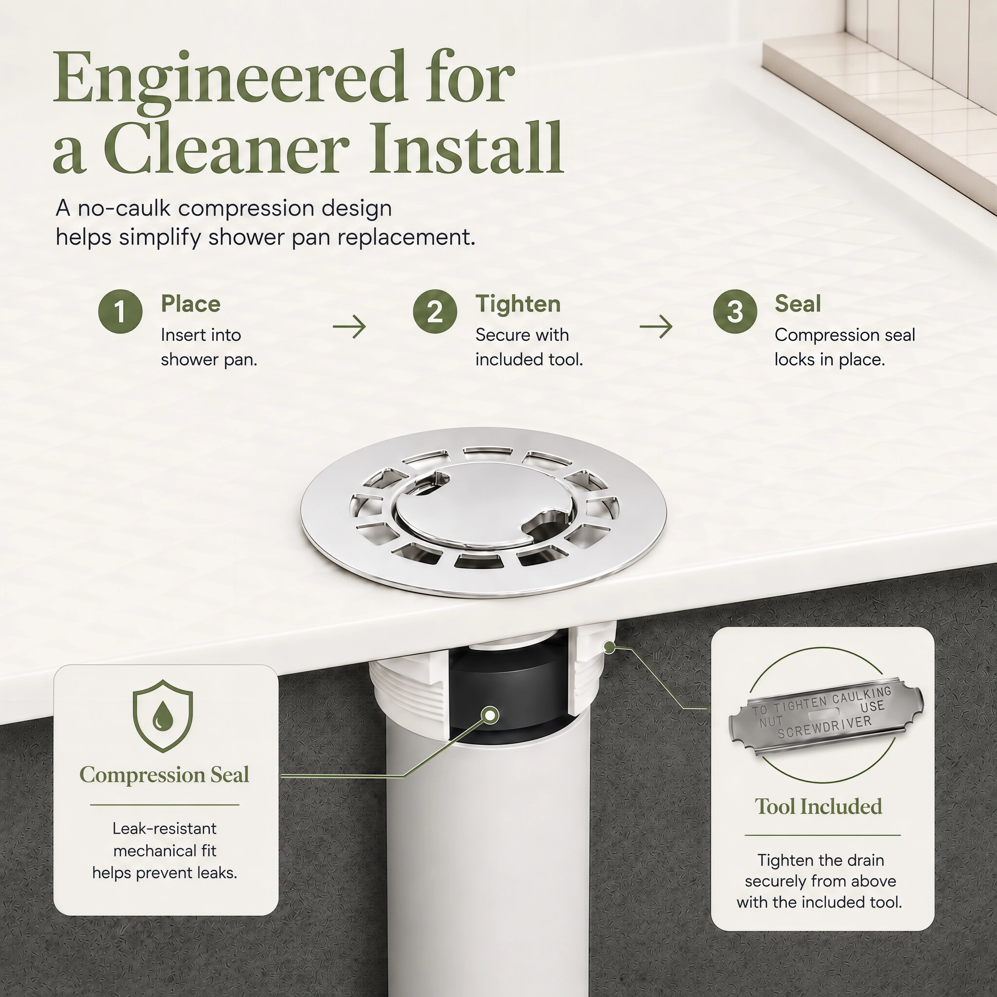 Veloaura 2 inch round no caulk shower pan drain cleaner install with compression seal and included tool