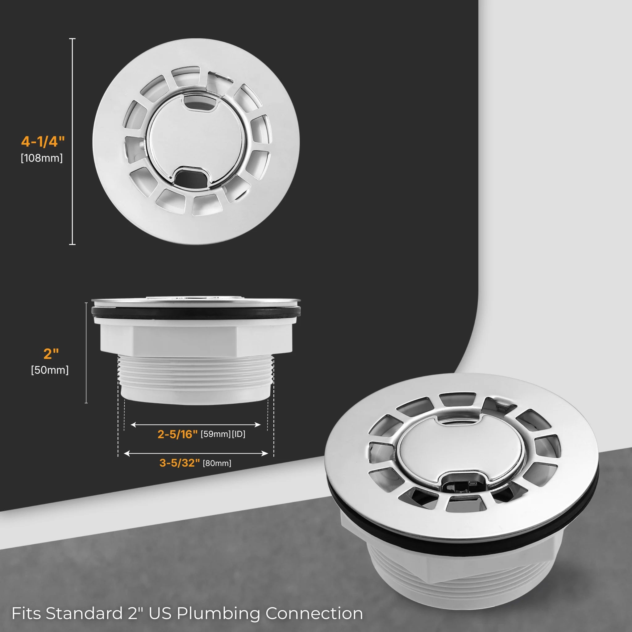 Veloaura 2 inch round no caulk shower pan drain dimensions for standard 2 inch US plumbing connection