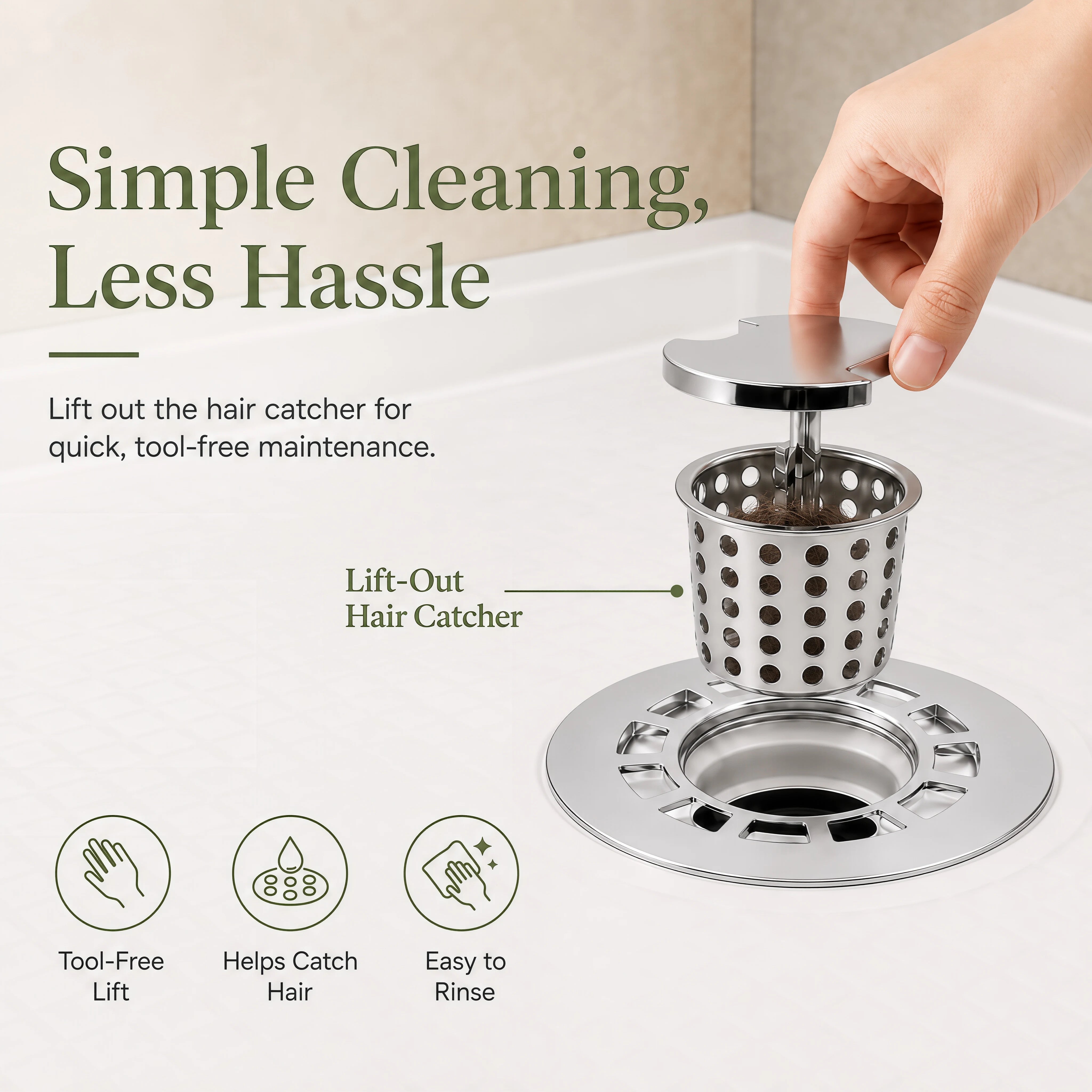 Veloaura 2 inch round no caulk shower pan drain with lift-out hair catcher for tool-free cleaning