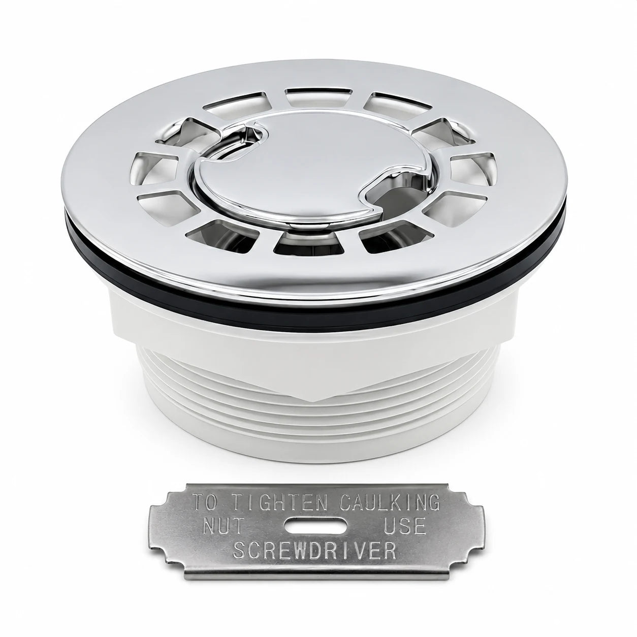Veloaura 2 inch round no caulk shower pan drain with stainless steel strainer and tightening tool