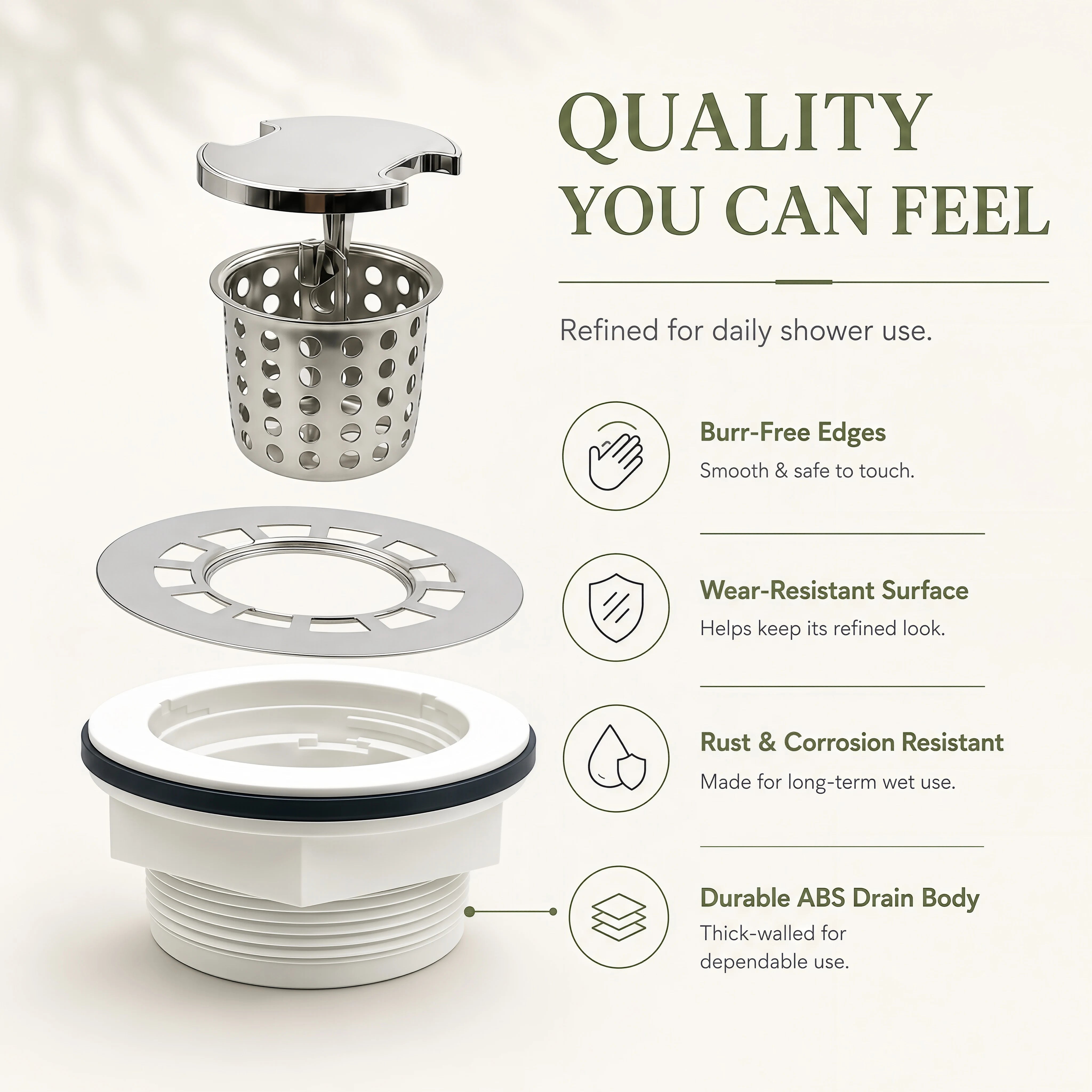 Veloaura 2 inch round no caulk shower pan drain with stainless steel strainer, hair catcher, gasket, and durable ABS drain body