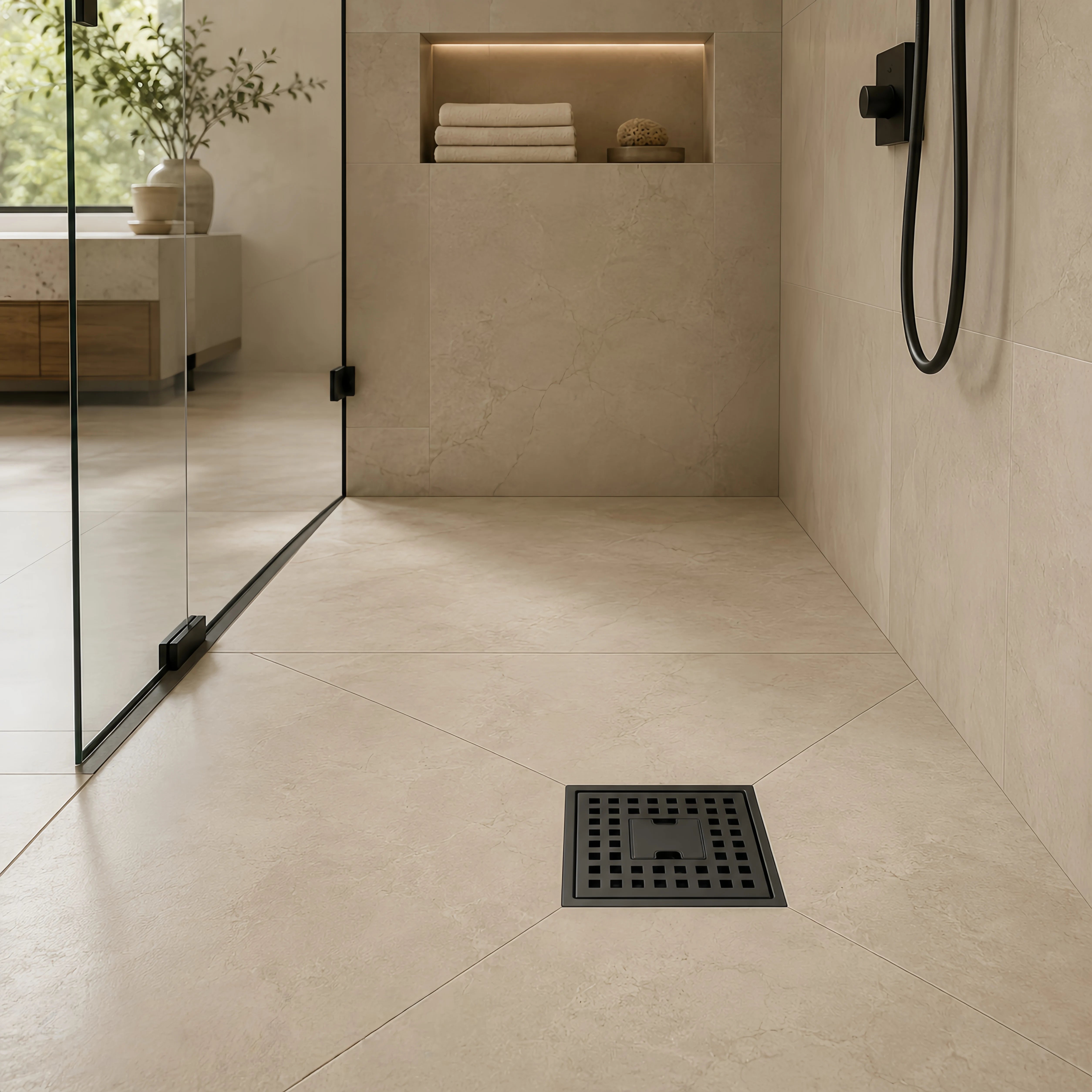 Veloaura 6 inch matte black square shower drain installed in a modern tiled shower floor
