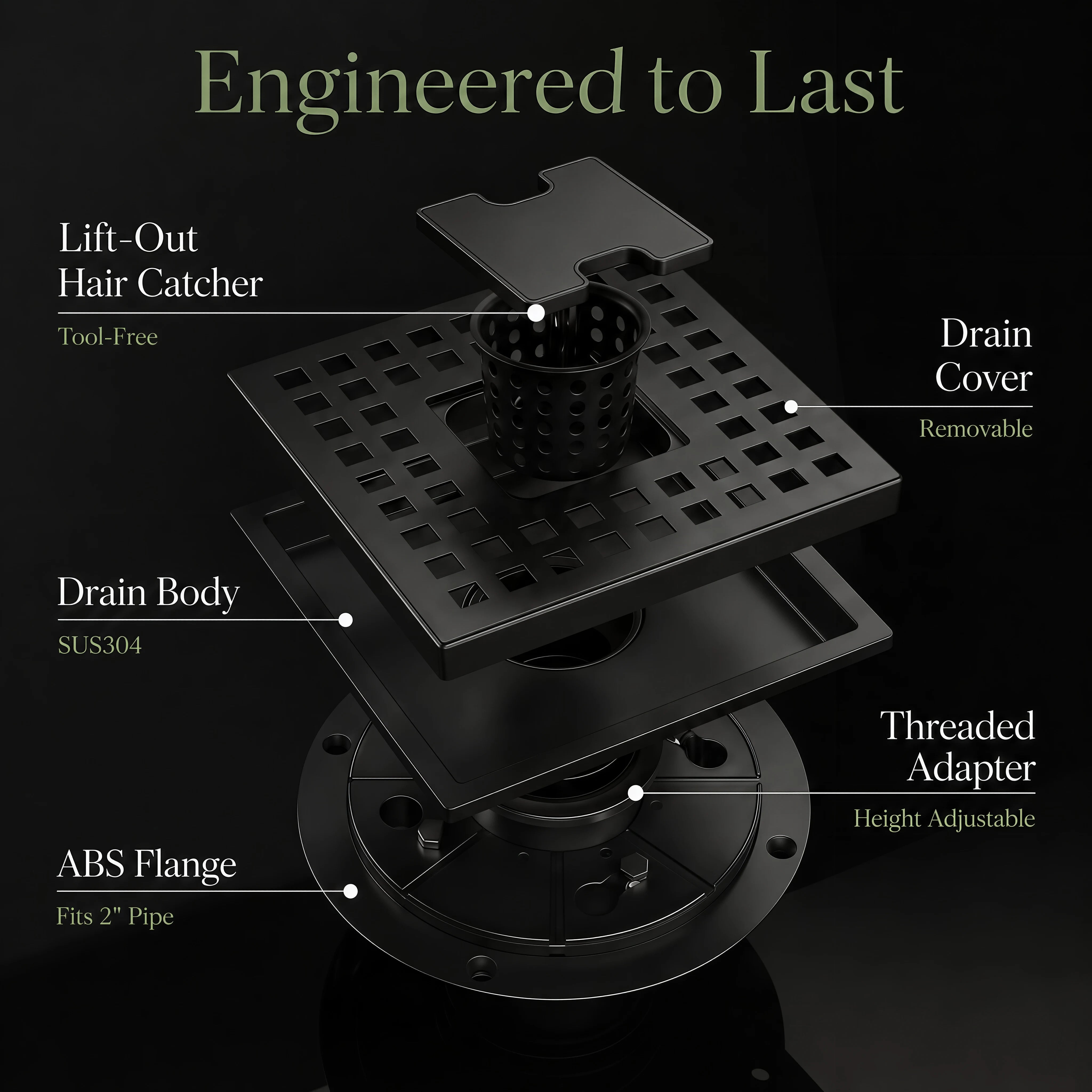 Veloaura 6 inch matte black square shower drain kit parts diagram with SUS304 drain body, ABS flange, hair catcher, drain cover, and threaded adapter