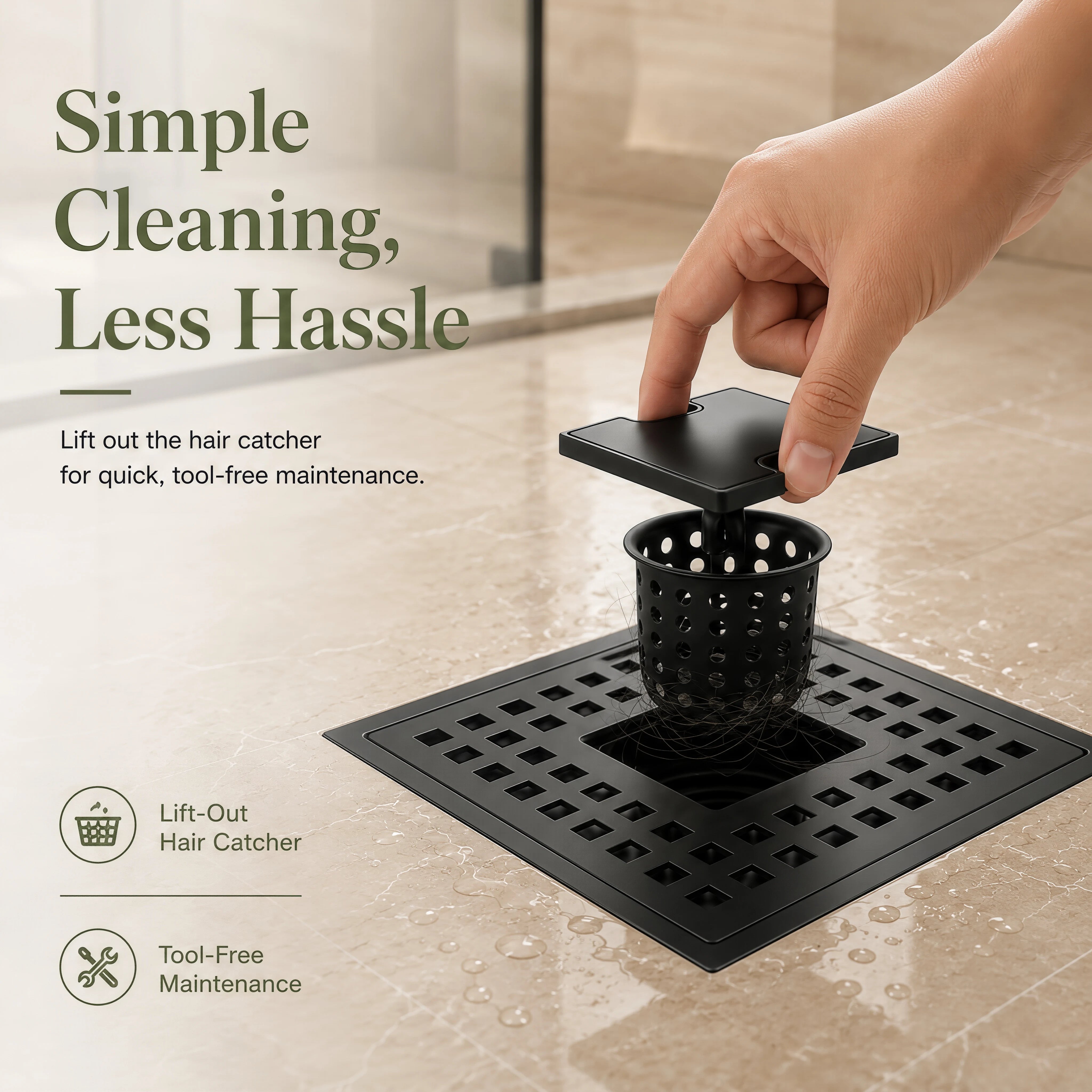 Veloaura 6 inch matte black square shower drain with lift-out hair catcher for tool-free cleaning