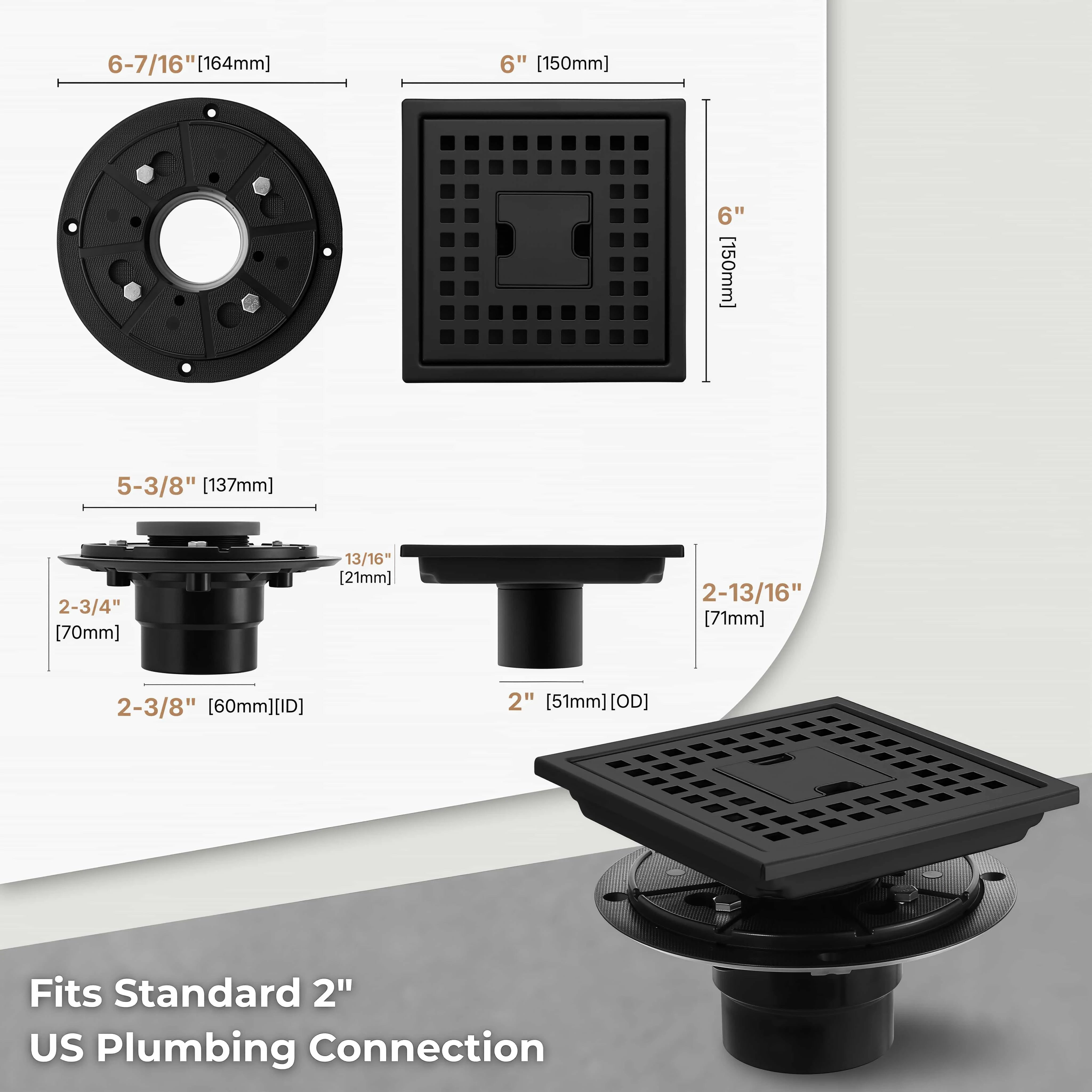 Veloaura 6 inch square shower drain dimensions with ABS flange for standard 2 inch US plumbing connection